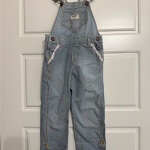 Oshkosh Girls Toddler Overalls 4T 100% Cotton Blue Stripe Flip Bottom Flowers